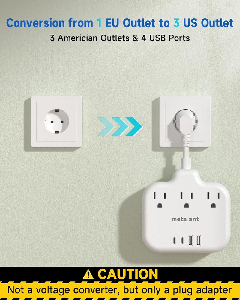 meta-ant European Travel Plug Adapter 3 inch, International Plug Adapter, US to Europe Plug Adapter with 3 Outlets 4 USB Ports(2 USB C), Type E F Power Adapter to EU Germany Spain France Portugal Iceland - Image 4